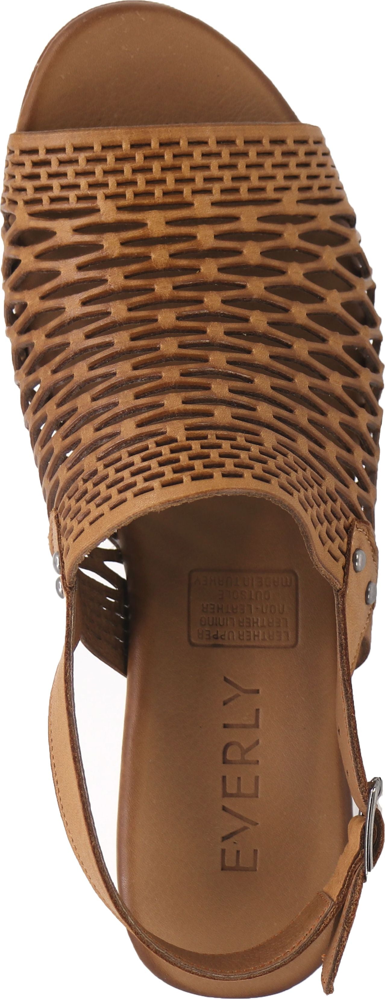 A sandal with an open-toe, cut-out leather upper, and an ankle strap. The name EVERLY is printed on the shoe's insole.