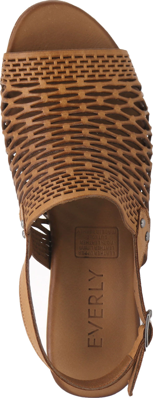 A sandal with an open-toe, cut-out leather upper, and an ankle strap. The name EVERLY is printed on the shoe's insole.