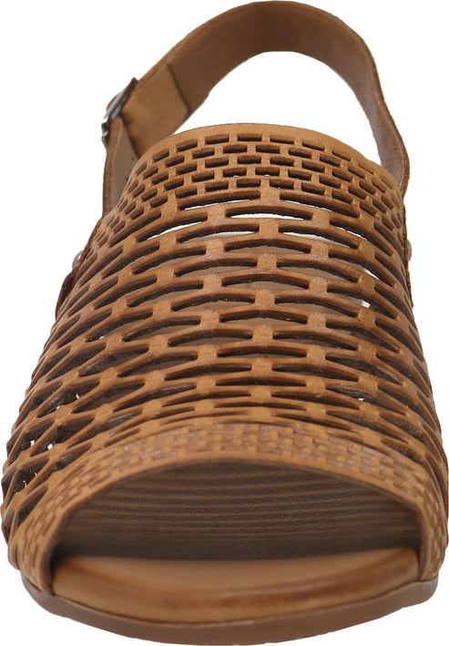 Brown sandal with patterned, woven texture and buckled ankle strap.