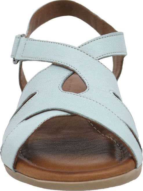 Light blue leather sandal with criss-cross straps and adjustable ankle strap.