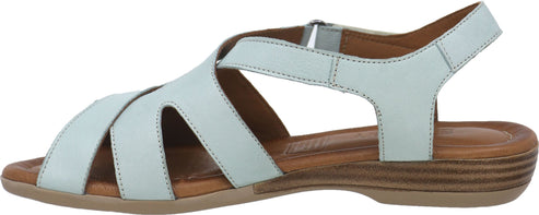 A light blue sandal with multiple crisscrossing straps and a low heel.