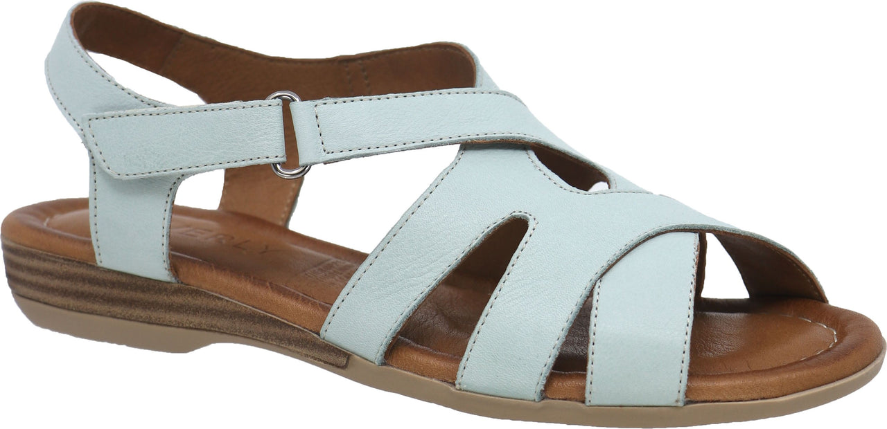 A light blue leather sandal with multiple straps and a low heel.