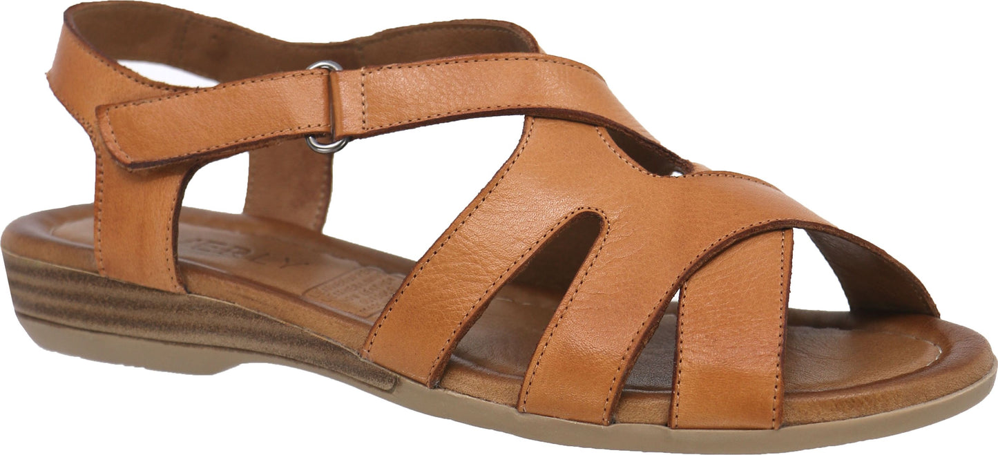 A tan leather sandal with an adjustable strap.