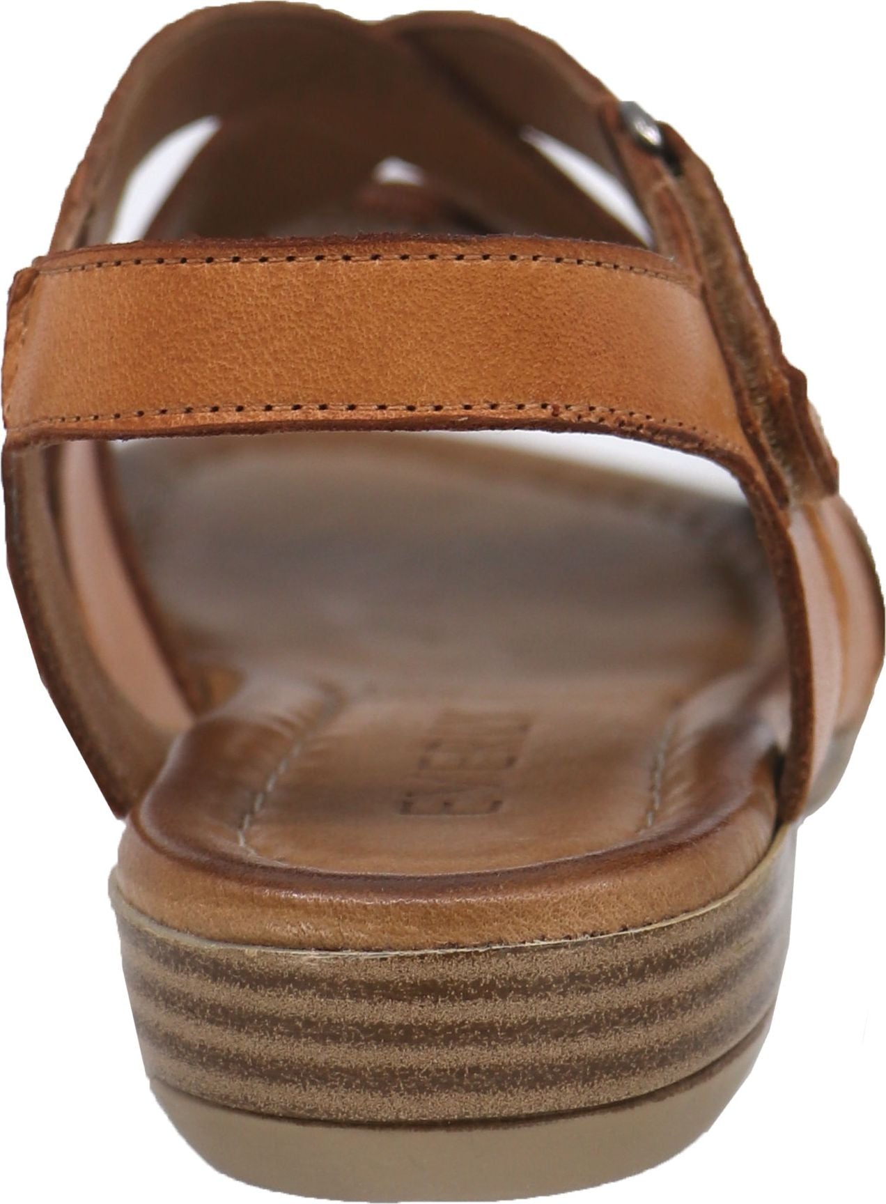 Tan leather sandal with ankle strap and woven front.