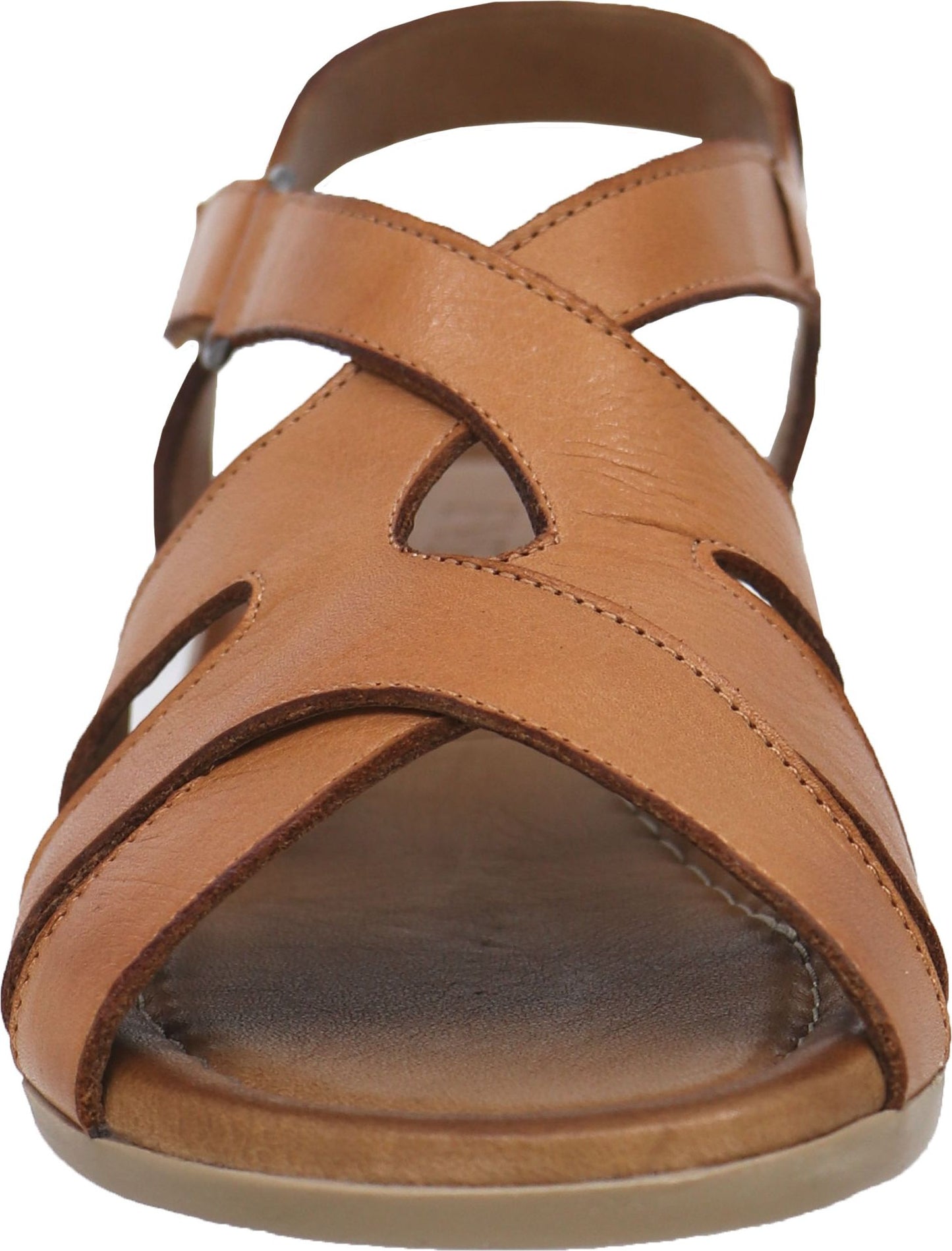 Tan leather sandal with criss-cross straps and adjustable ankle strap.