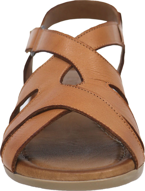 Tan leather sandal with criss-cross straps and adjustable ankle strap.