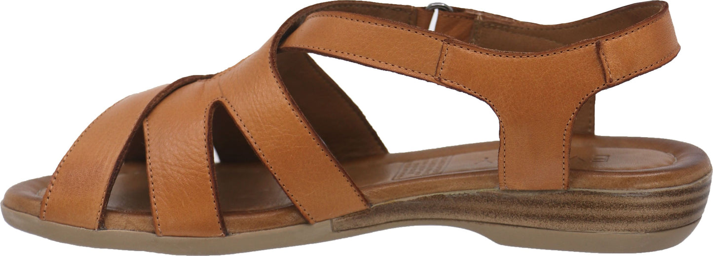 A tan leather sandal with multiple straps across the toes and a back strap with a buckle.