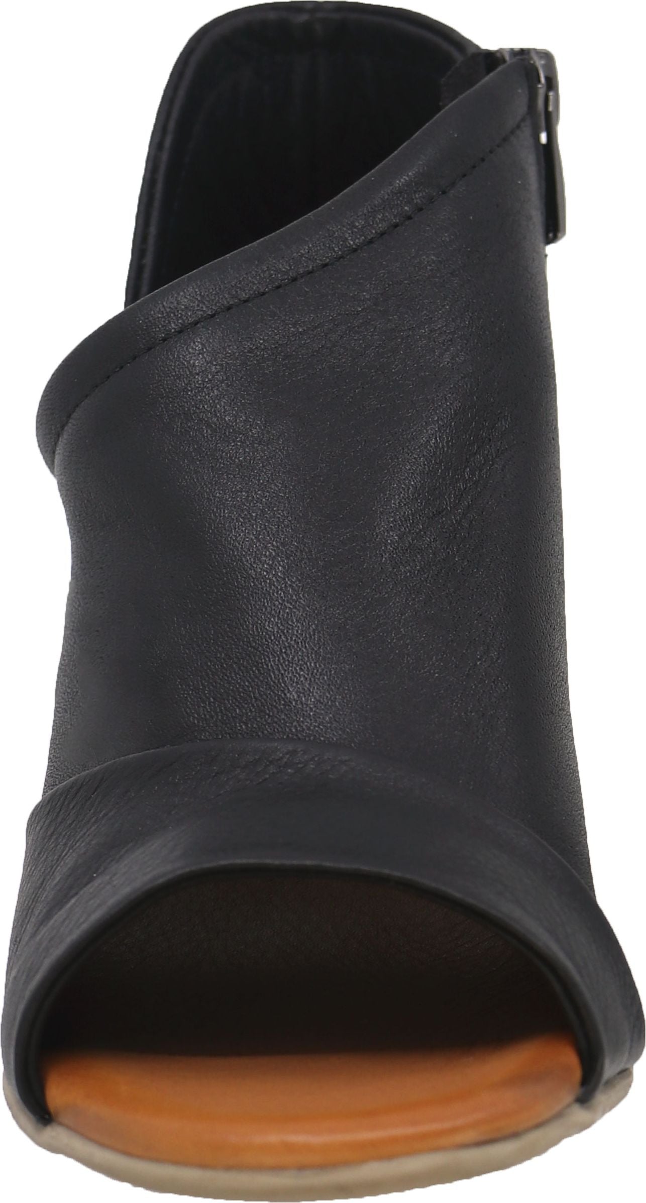 Open toe heeled ankle boot with side zipper.