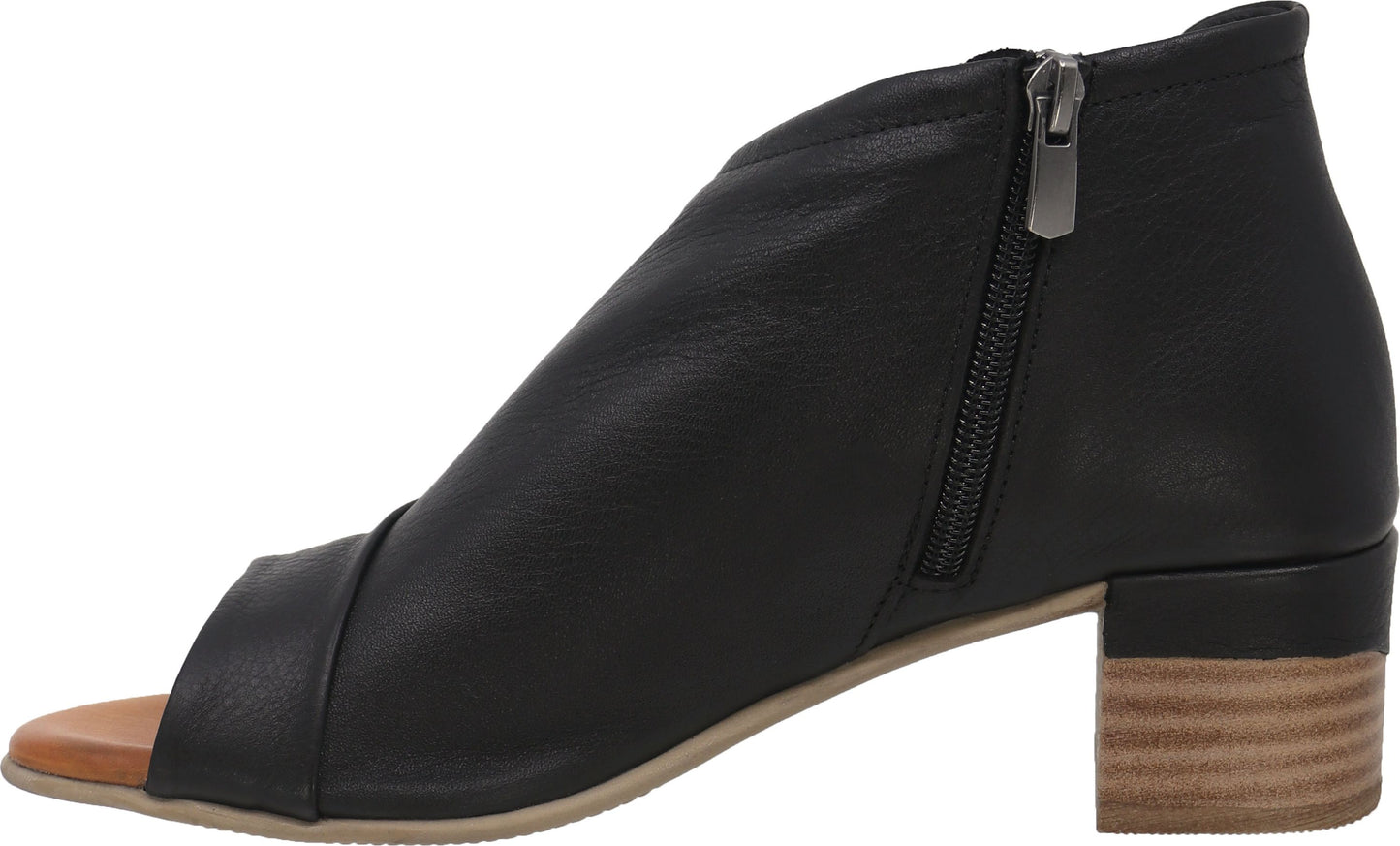Black leather peep-toe ankle bootie with a stacked heel and a side zipper.