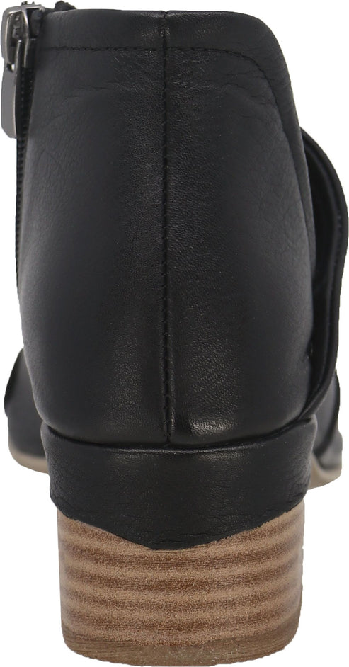 Back view of black leather ankle bootie with chunky wooden heel and side zipper.
