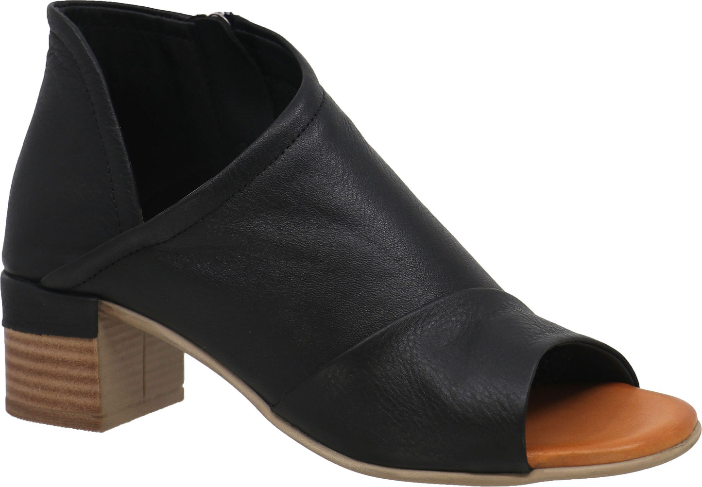 A black leather peep-toe heeled sandal with tan sole.