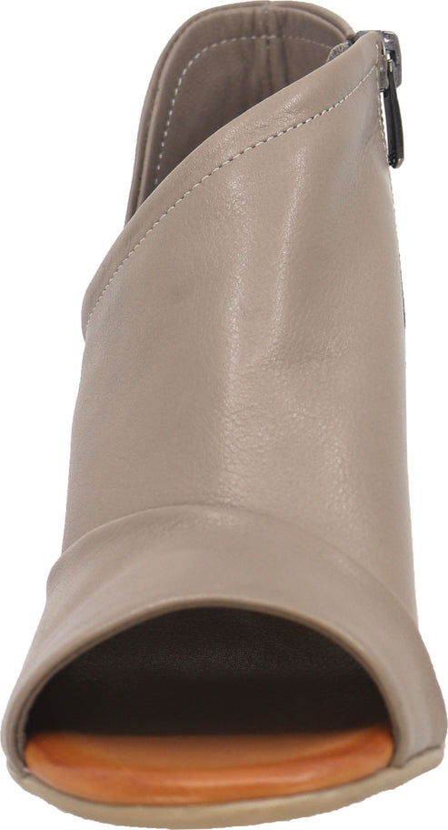 Taupe open toe, high heel ankle boot.