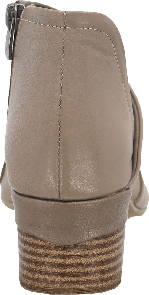 Taupe ankle bootie with stacked heel and side zipper closure.