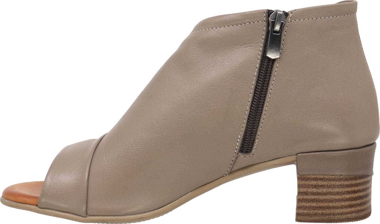 Taupe peep-toe ankle boot with a stacked block heel and side zipper.