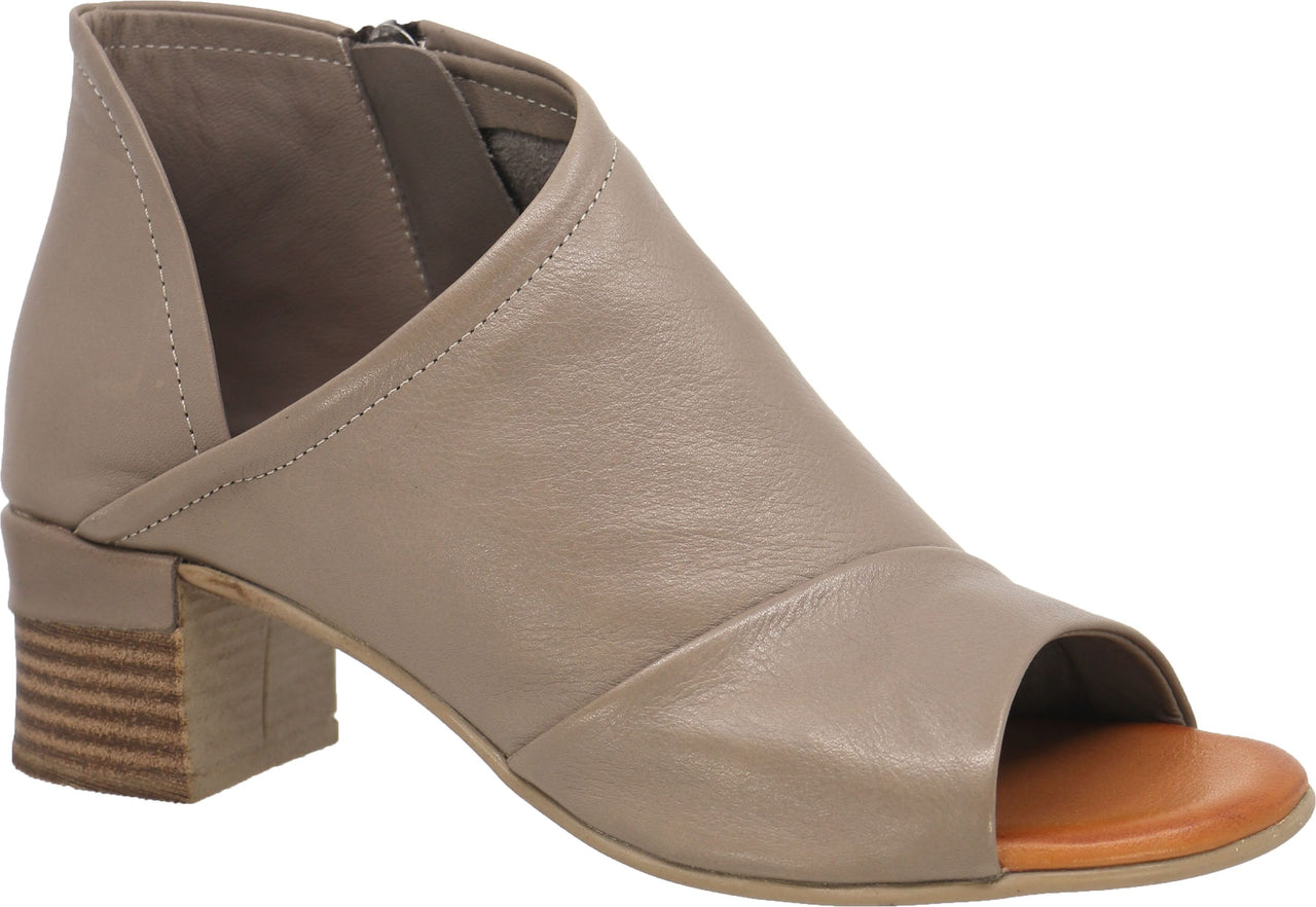 Taupe leather open-toe block heel shoe with ankle cutouts.