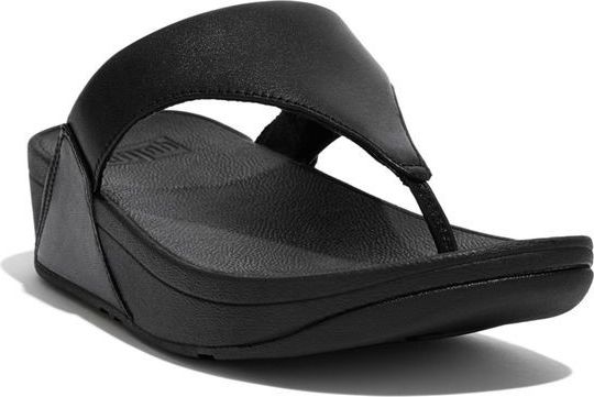 Black thong sandal with a wedge heel.
