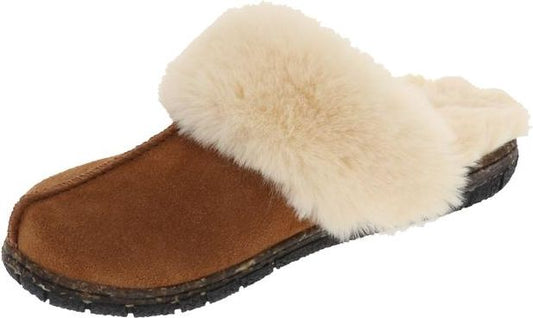 Brown slipper with faux fur trim