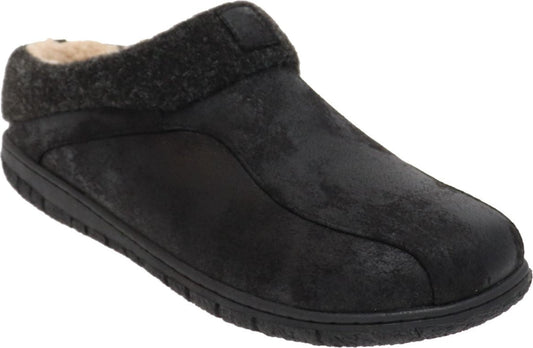 Black, slipper-style shoe with furry ankle trim and flat sole.