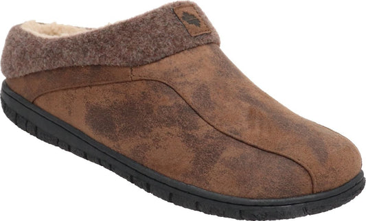 Brown slip-on clog slipper with a faux-fur collar and black sole.