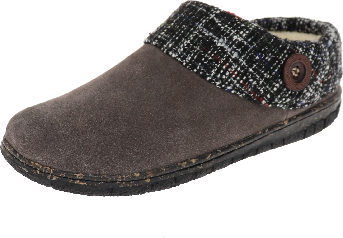 Suede slipper with a tweed cuff and a button accent.
