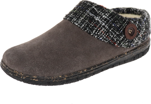 Suede slipper with a tweed cuff and a button accent.