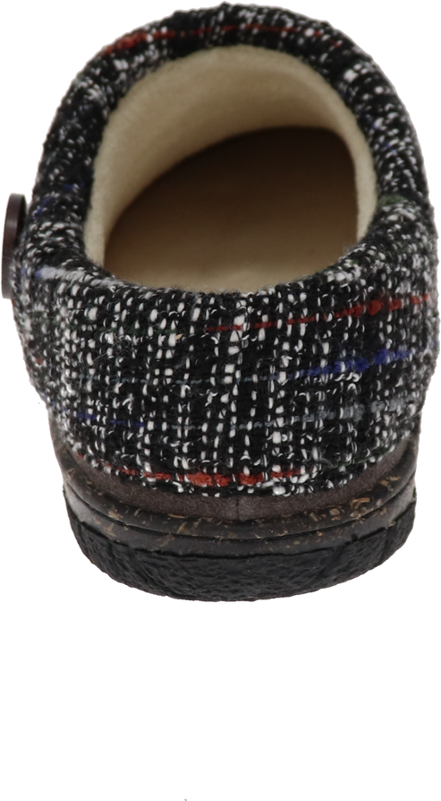 Textured black and white clog with a brown sole and a tan interior.