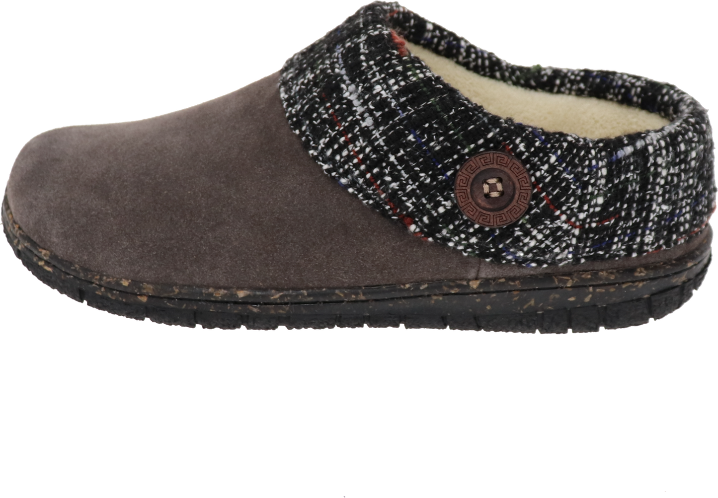 Slip-on brown suede clog slipper with tweed collar and decorative button.