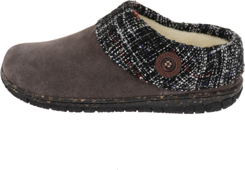 Slip-on brown suede clog slipper with tweed collar and decorative button.