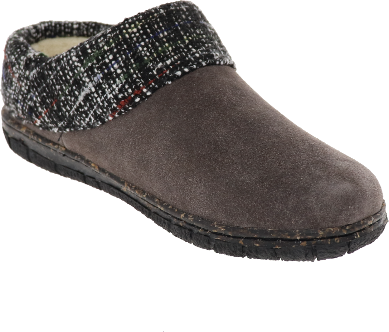 Brown suede slipper with knit collar and rubber sole