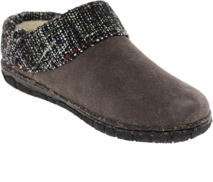 Brown suede slipper with knit collar and rubber sole