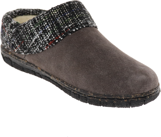Brown suede slipper with knit collar and rubber sole