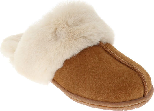 Tan-colored slip-on slipper with white fur trim.