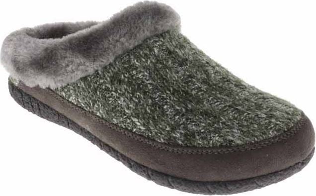 Knitted green and gray slipper with gray faux fur lining.