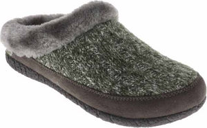 Knitted green and gray slipper with gray faux fur lining.