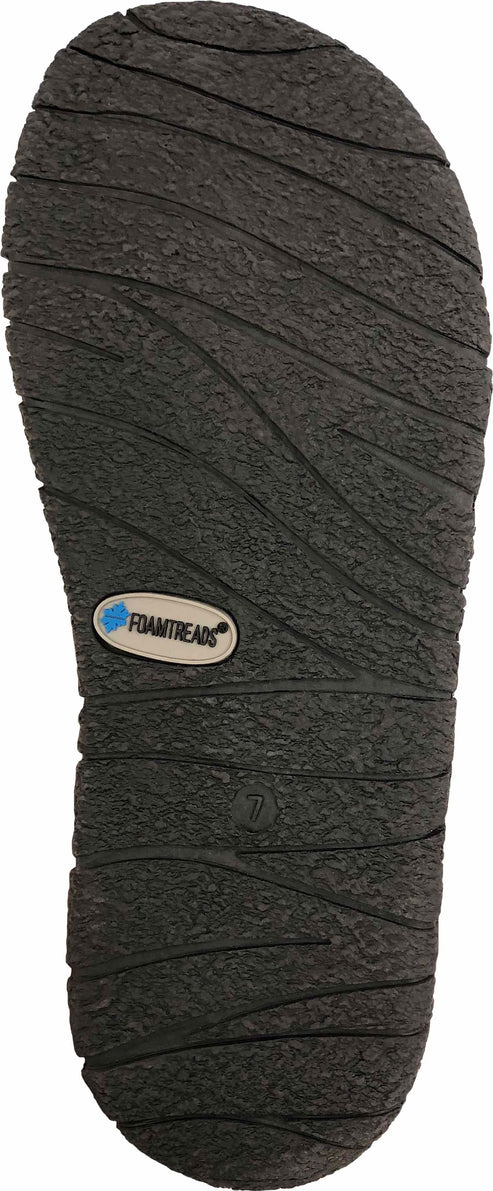 Black shoe sole with tread and the word "FOAMTREADS" on a small label.