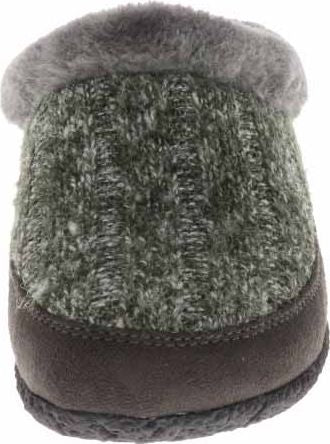 Back view of a slipper with gray faux fur trim and a dark green and white knit upper.