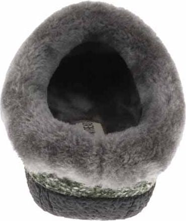 Fuzzy gray slipper with black sole and heel.