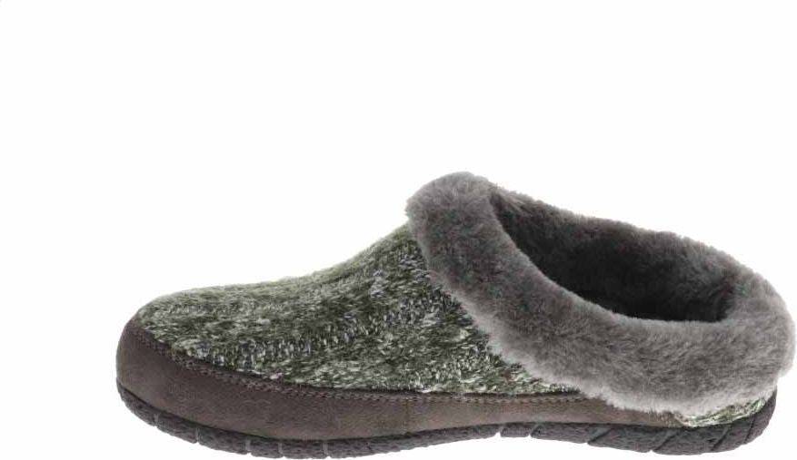 A green and white wool clog slipper with gray faux fur lining and a dark brown sole.