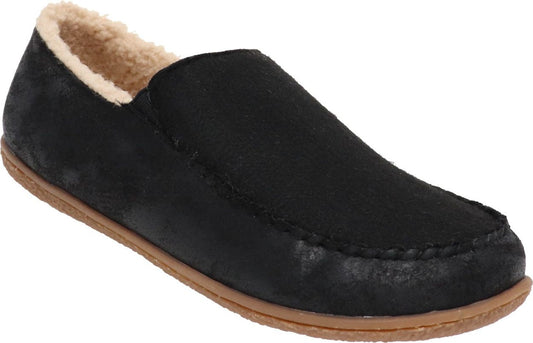 Black suede loafer style slipper with faux fur lining and brown sole.