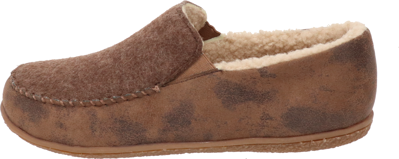 Brown slip-on slipper with fuzzy lining.