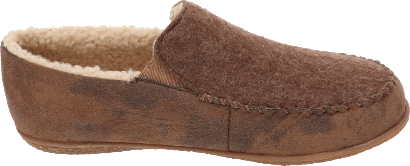 A brown slipper with a plush lining.