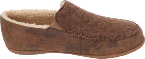 A brown slipper with a plush lining.