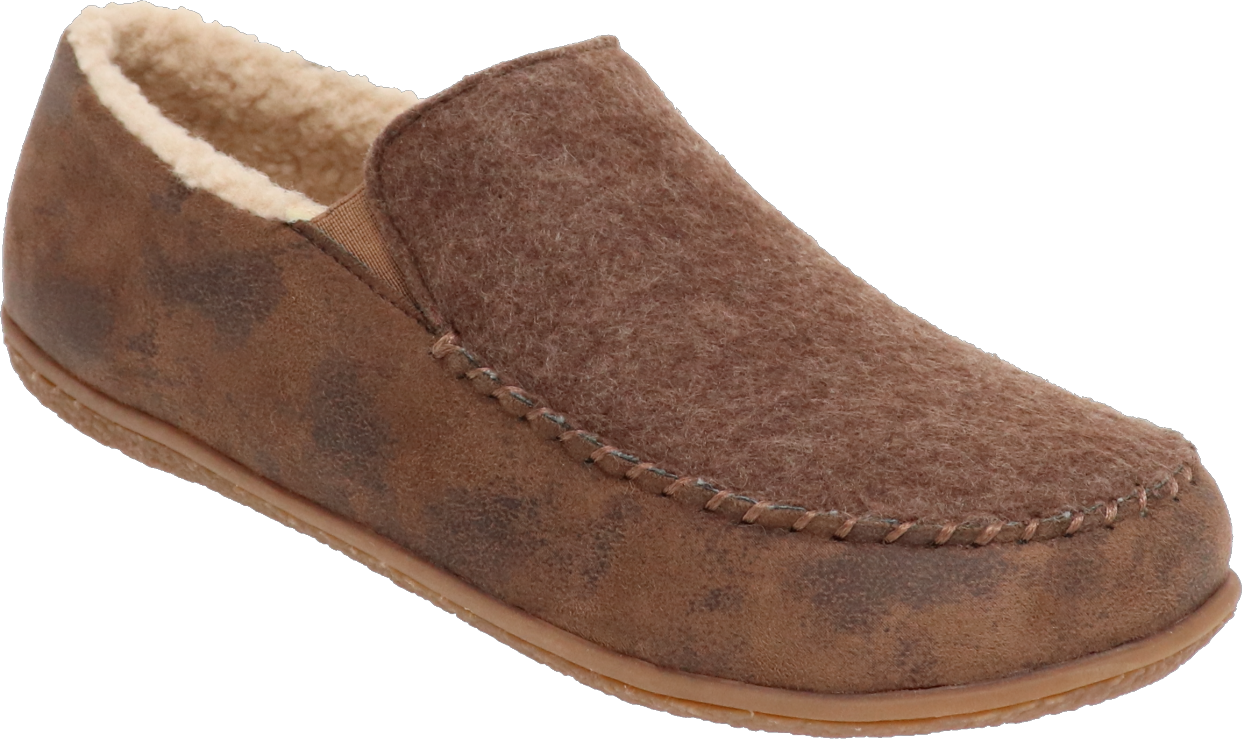 Brown slip-on loafer slipper with faux fur lining.