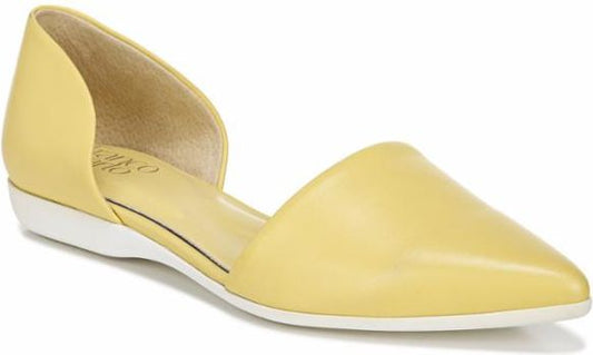 Yellow pointed-toe ballet flat with d’orsay cut.