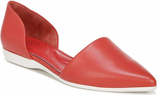 Red pointed-toe flat shoe with a white sole and open sides.