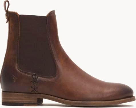 Brown leather Chelsea boot with elastic side panels and stacked heel.