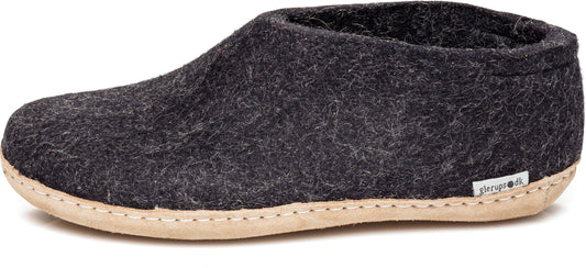 A gray felt slipper with a light brown sole.