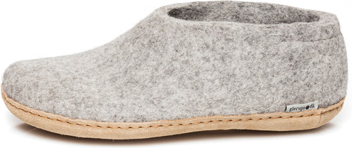 Gray, felted wool slipper with a natural-colored sole.
