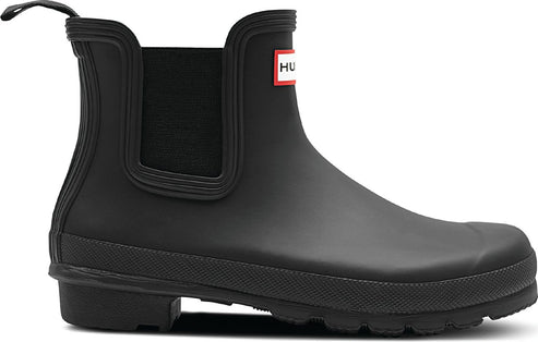 Black ankle rain boot with a pull tab.