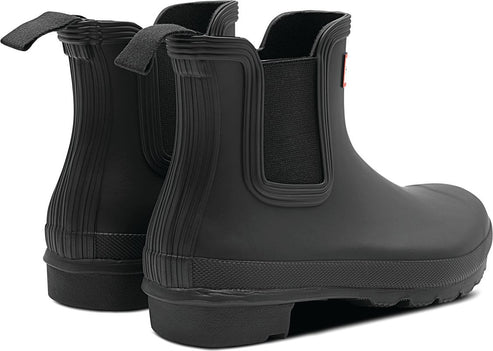 Pair of black rubber Chelsea rain boots, side elastic inserts, ridged heel and shaft.